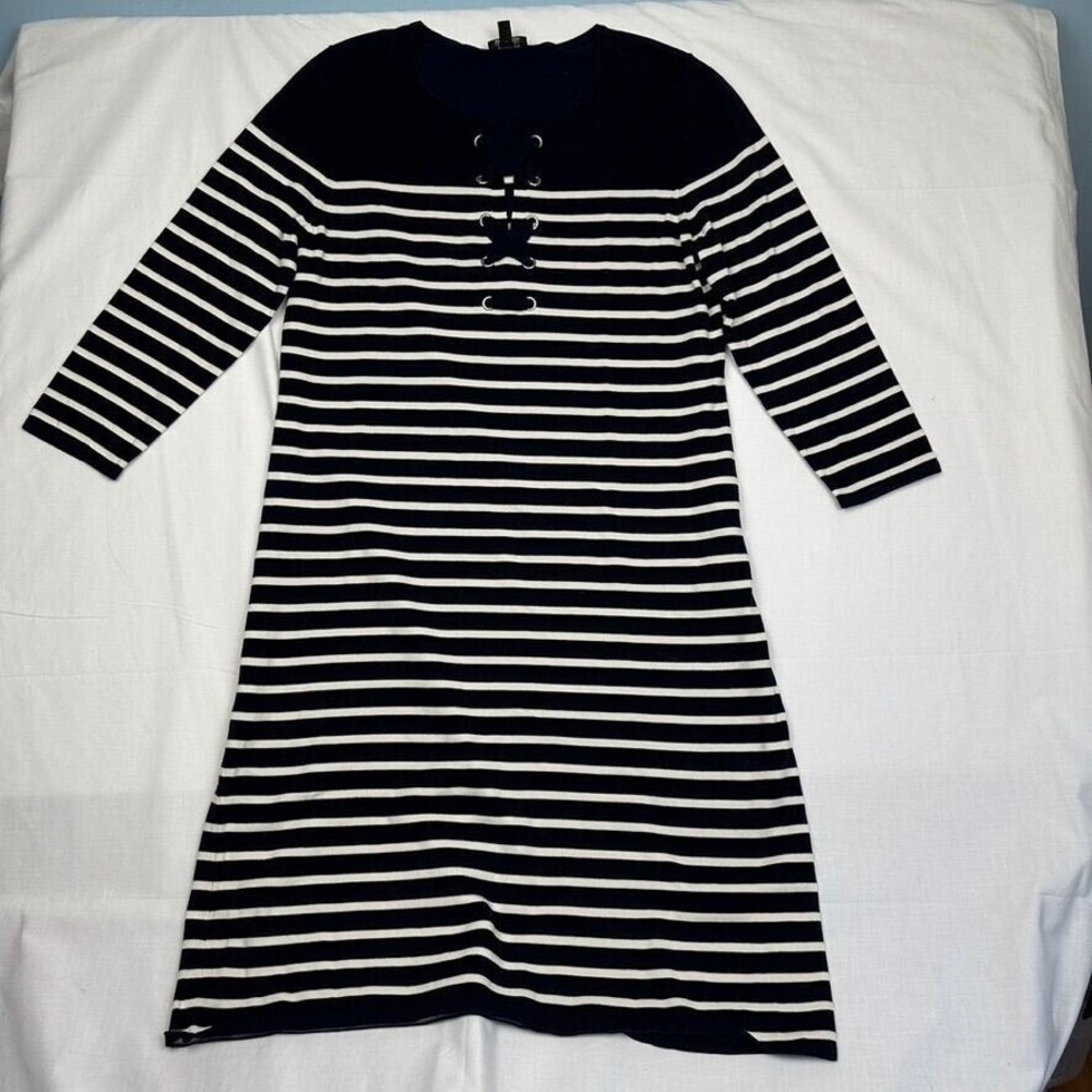Talbots Sz PM Dress Midi Striped Nautical Lace-Up Blue White 3/4 Sleeve Sweater